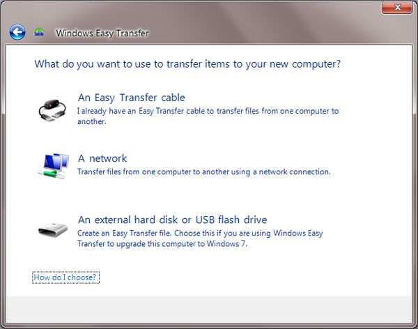 Windows Easy Transfer selection window