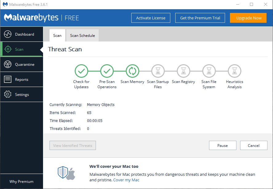 Malwarebytes scan screen