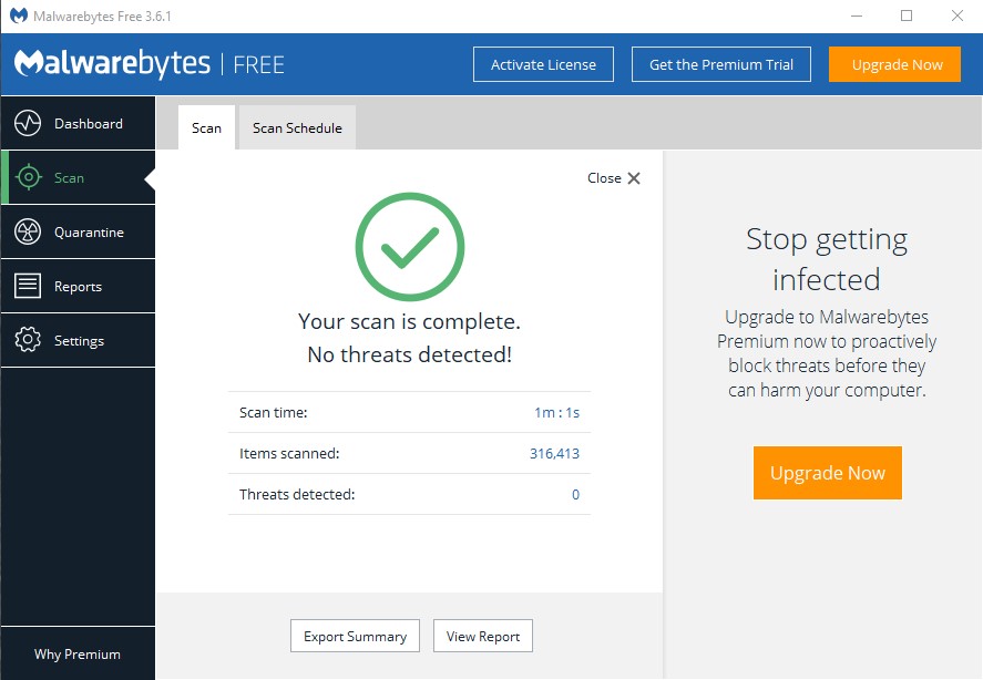 Malwarebytes complete scan screen